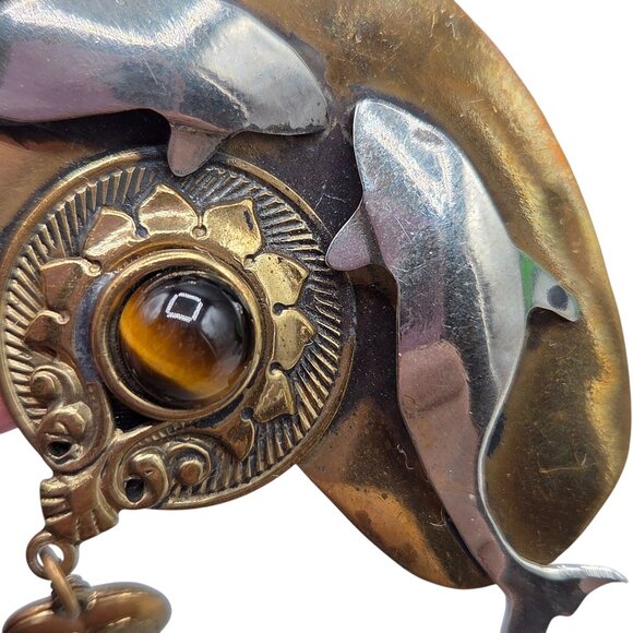 Vintage Mixed Metals Dolphin Brooch Tigers Eye Stone Dangling Heart Charm - Picture 4 of 4